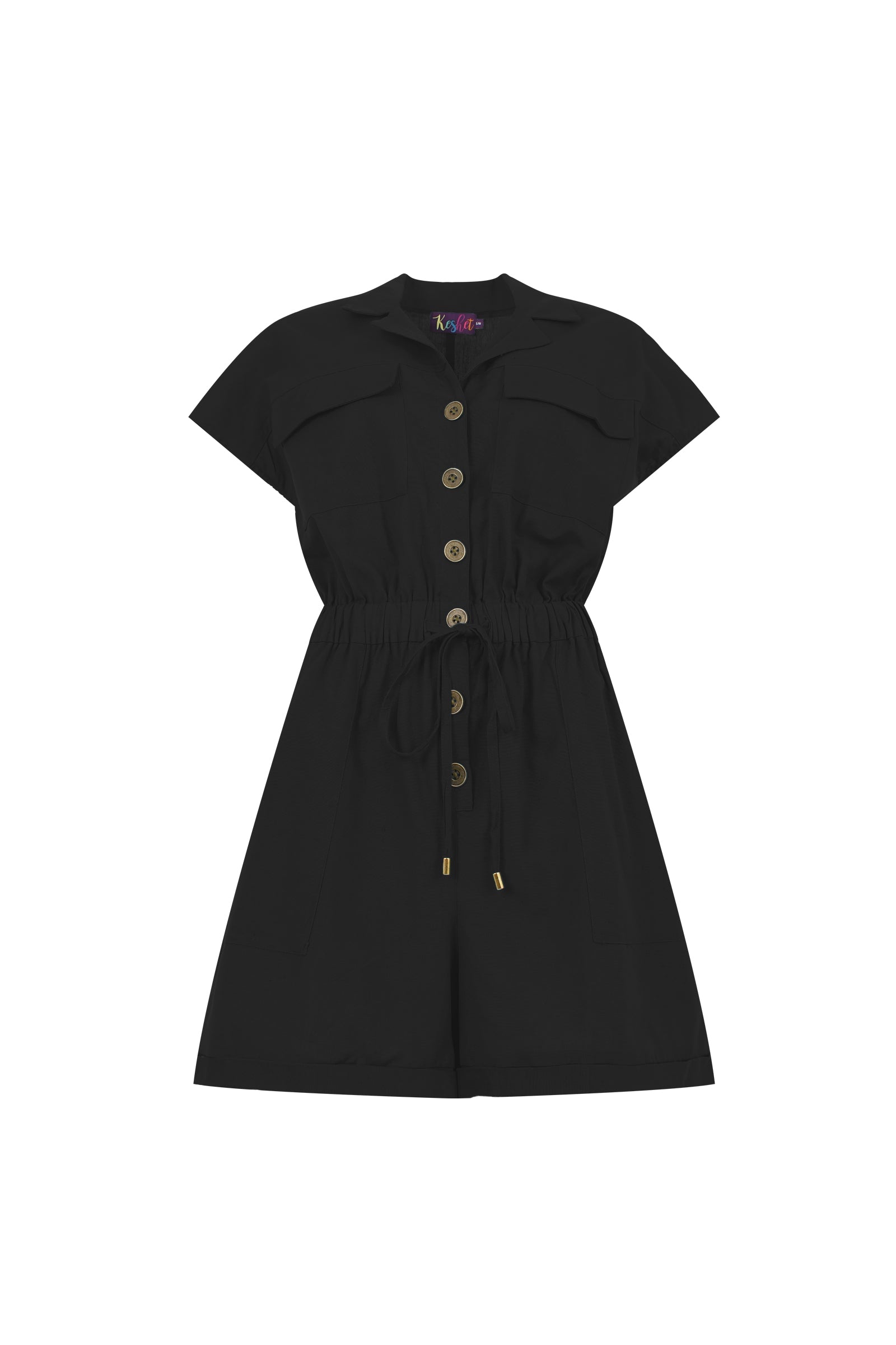 Black short-sleeve romper with button front and cinched waist