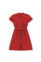 Dark red short-sleeve romper with button placket and drawstring waist