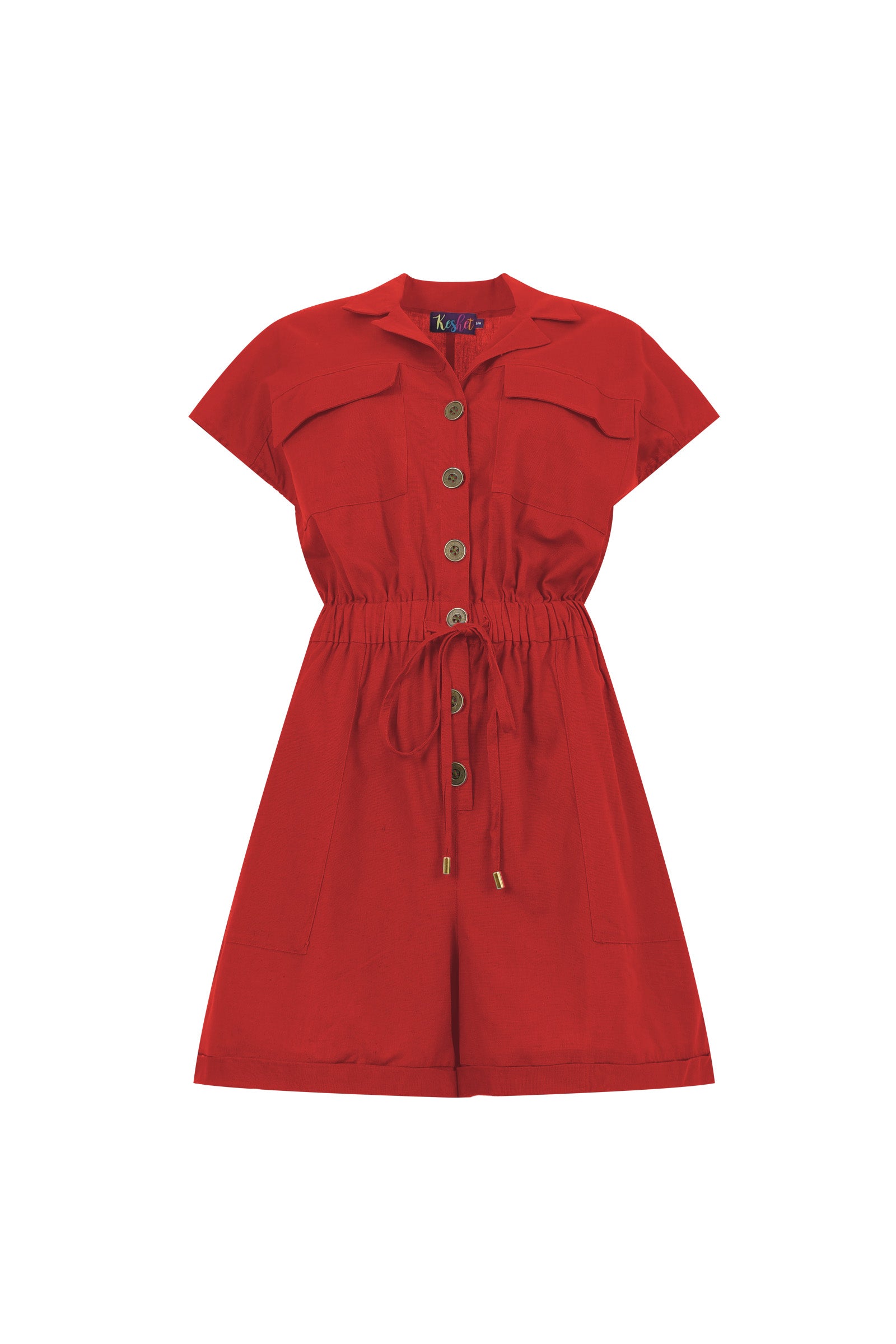 Dark red short-sleeve romper with button placket and drawstring waist