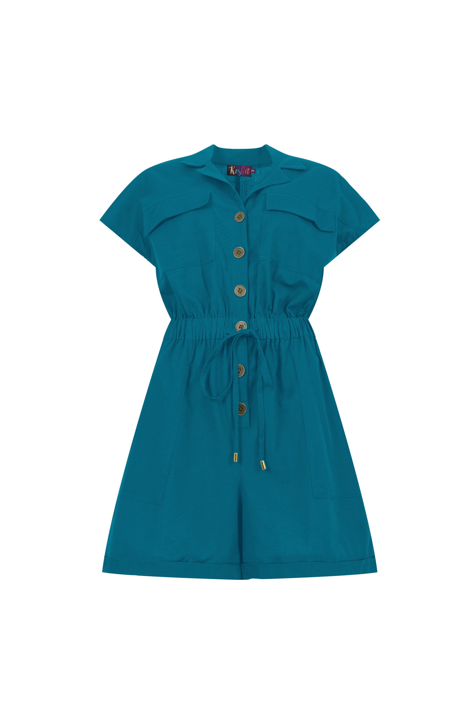 Dark teal button-front romper with short sleeves and cinched waist