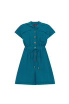 Dark teal button-front romper with short sleeves and cinched waist