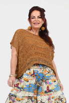 Caramel popcorn knit sleeveless top, draped neckline and fringe edge