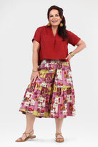 Tiered 3/4 pants in pink, yellow, and cream illustrated print