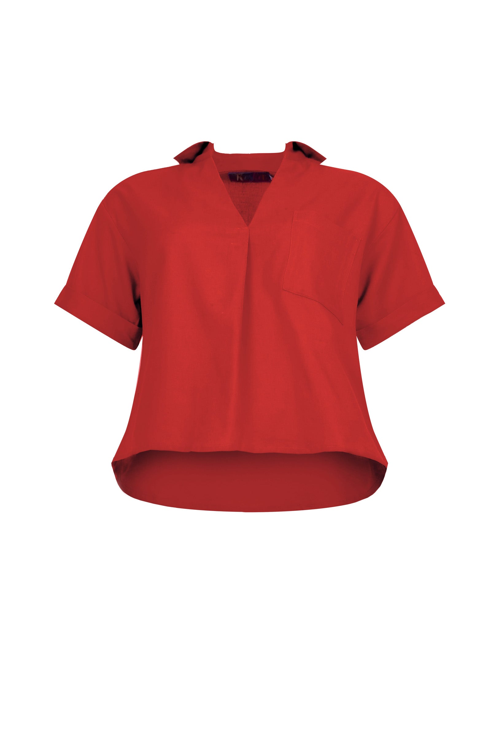 Red V-neck short-sleeve top with chest pocket, short sleeves and rounded hem