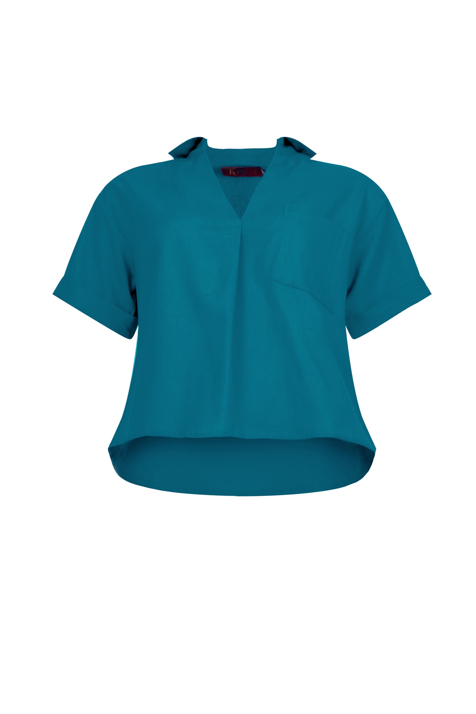 Dark teal V-neck short-sleeve top with chest pocket