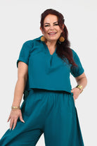 Dark teal V-neck short-sleeve top, front view