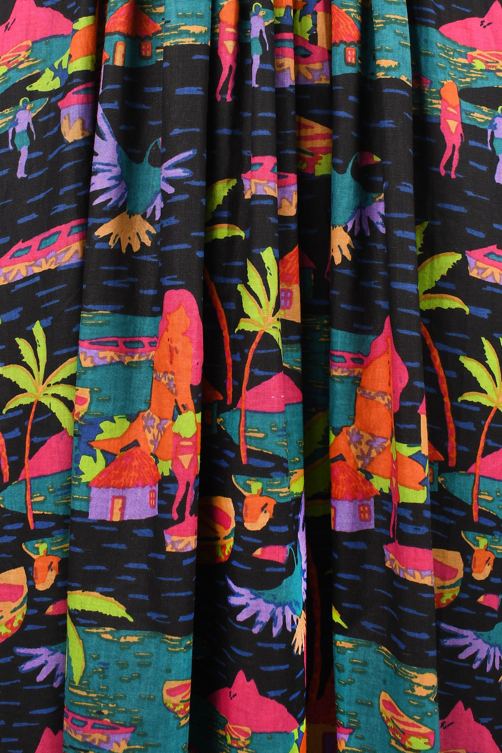 Black drawstring pants with vibrant tropical scene print all over