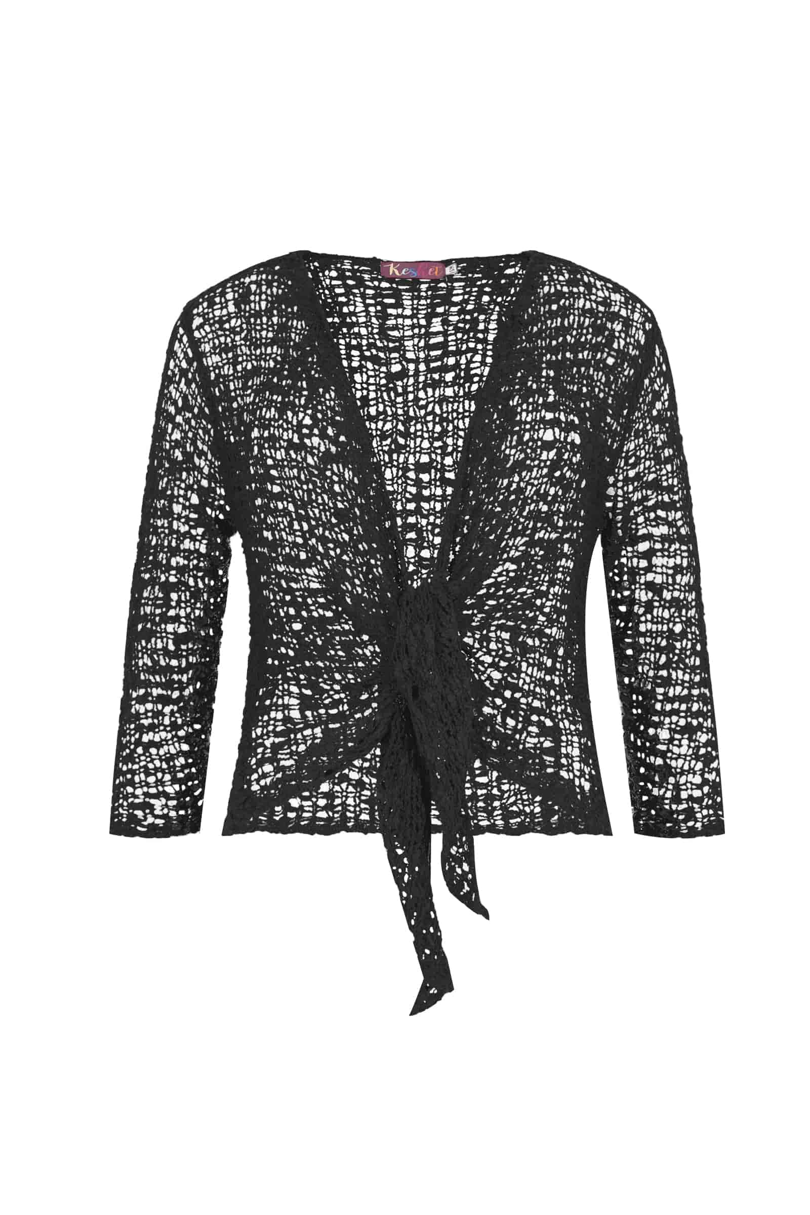 Sage popcorn jacket, black open-front knit with waist tie and 3/4 sleeves