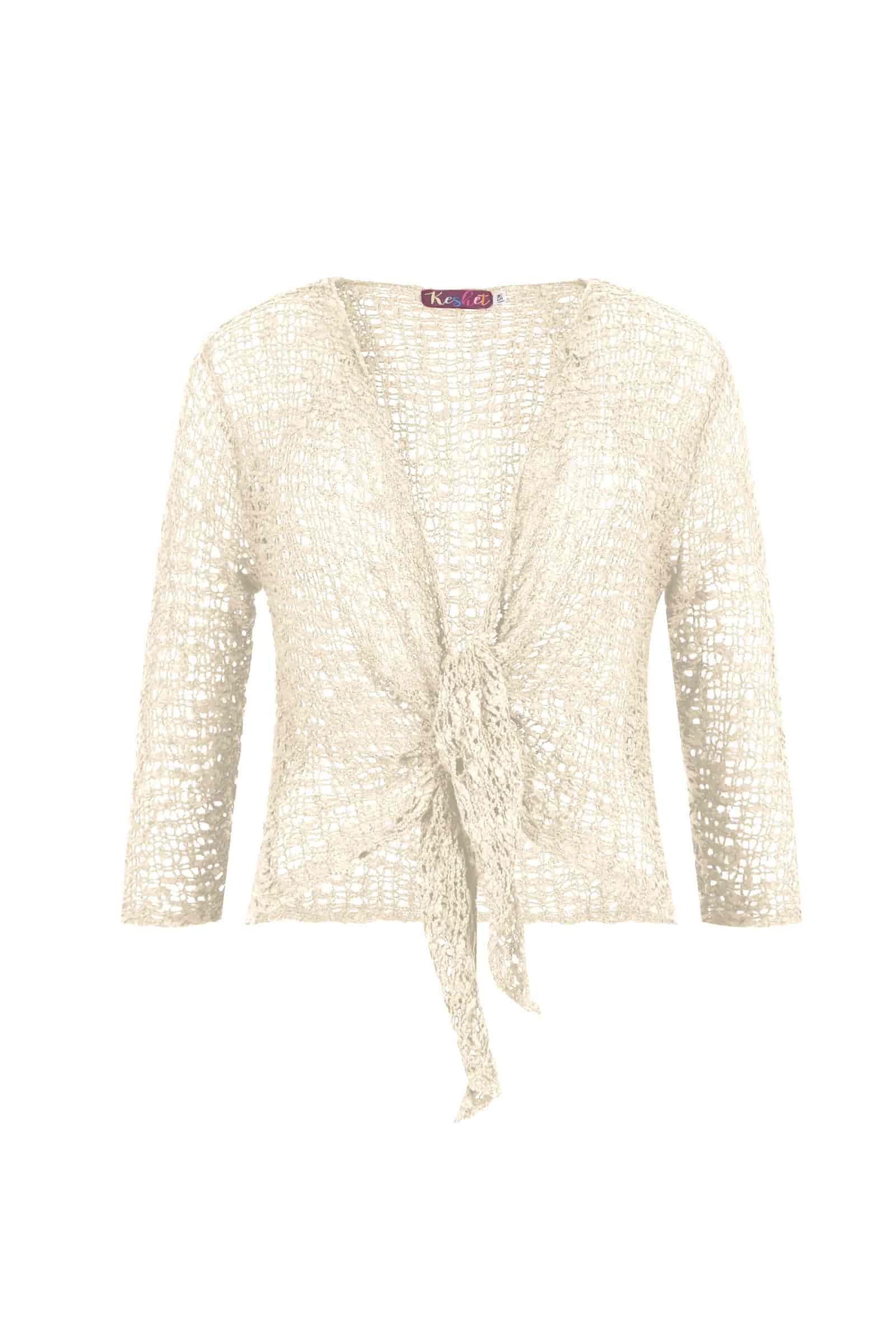 Cream popcorn jacket with V-neck, tie-front and 3/4 sleeves