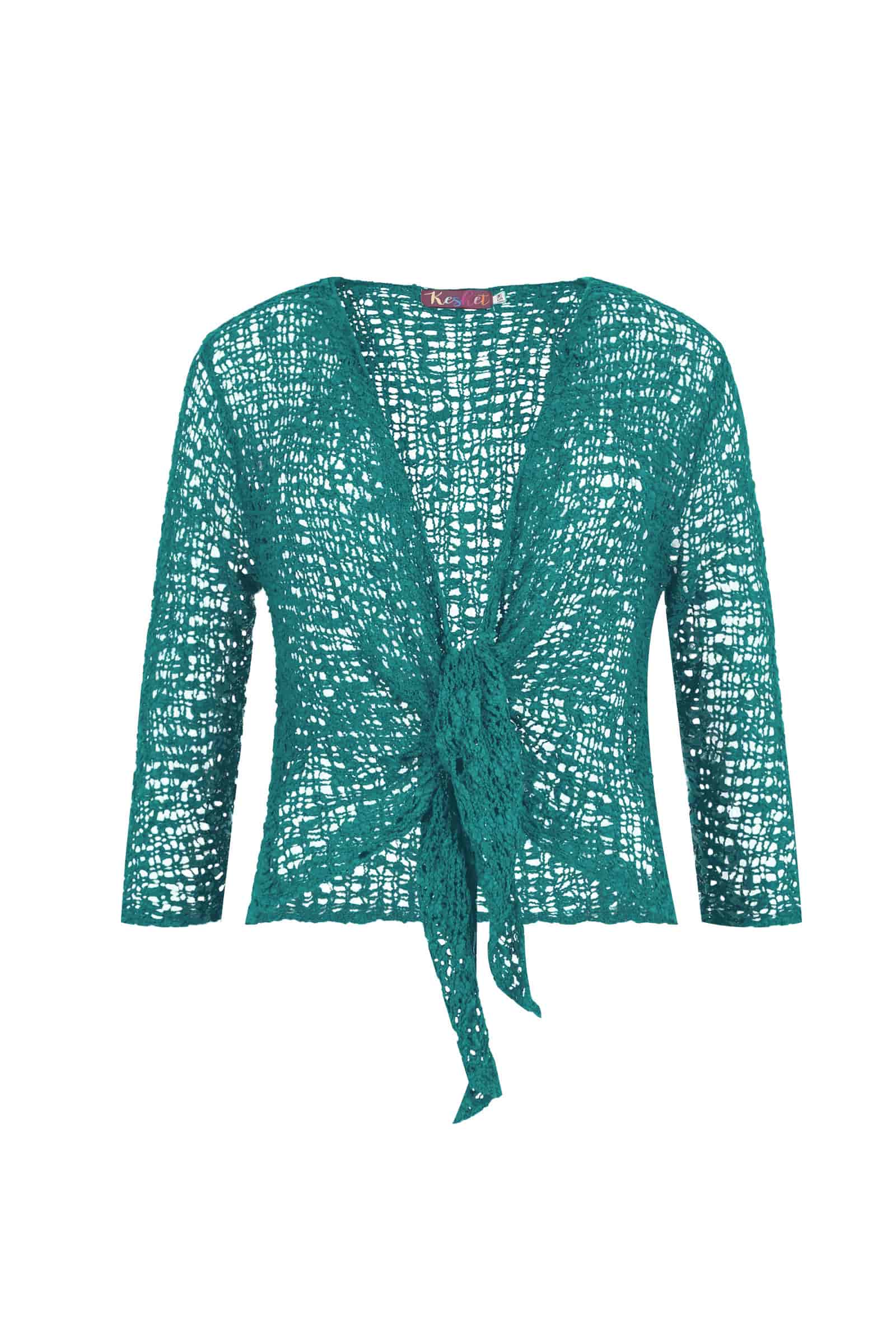 Teal popcorn-knit tie-front jacket, 3/4 sleeves with open V-neck