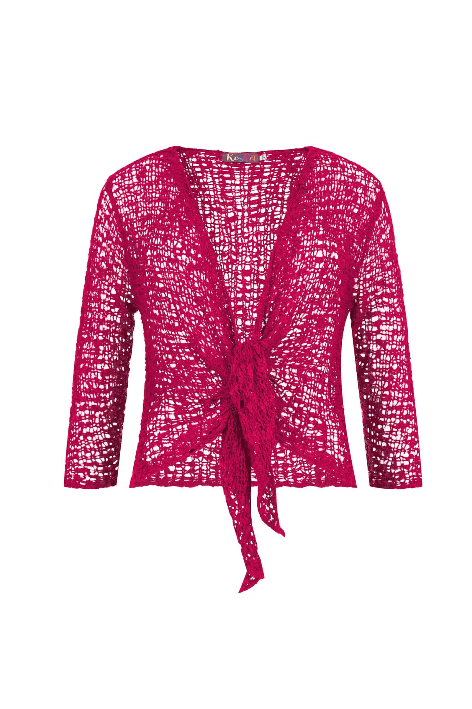 Fuchsia popcorn jacket with tie-front bow and textured sequin fabric
