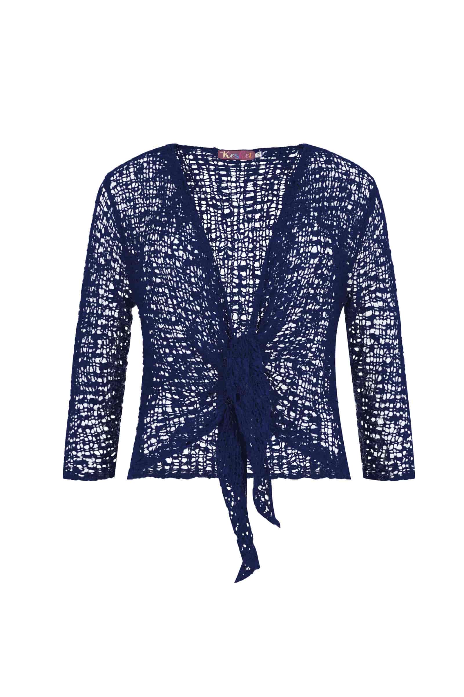 Textured dark navy popcorn jacket with open front and tie waist, 3/4 sleeves
