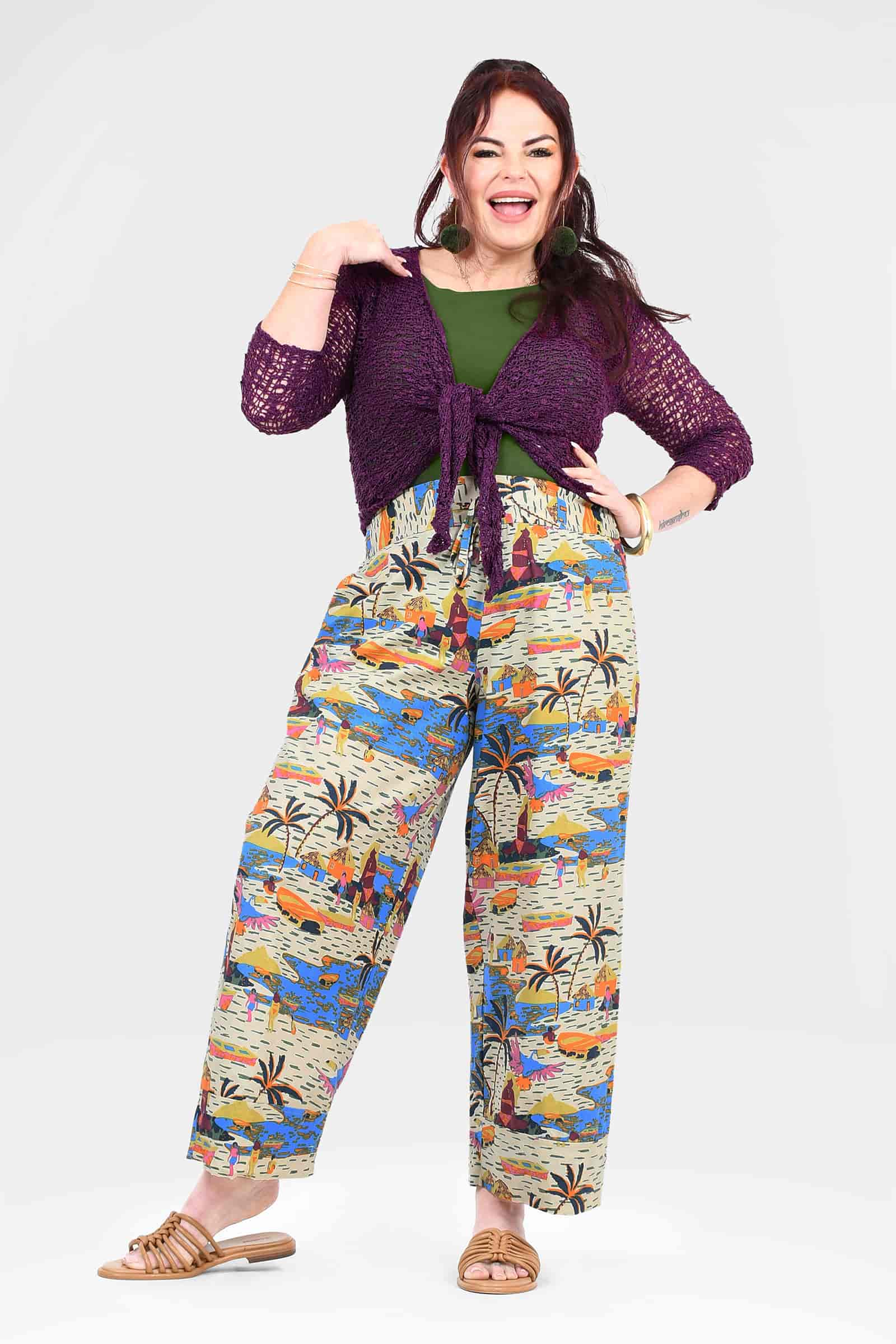 Oasis white tropical print wide-leg pants with elastic waist and drawstring tie