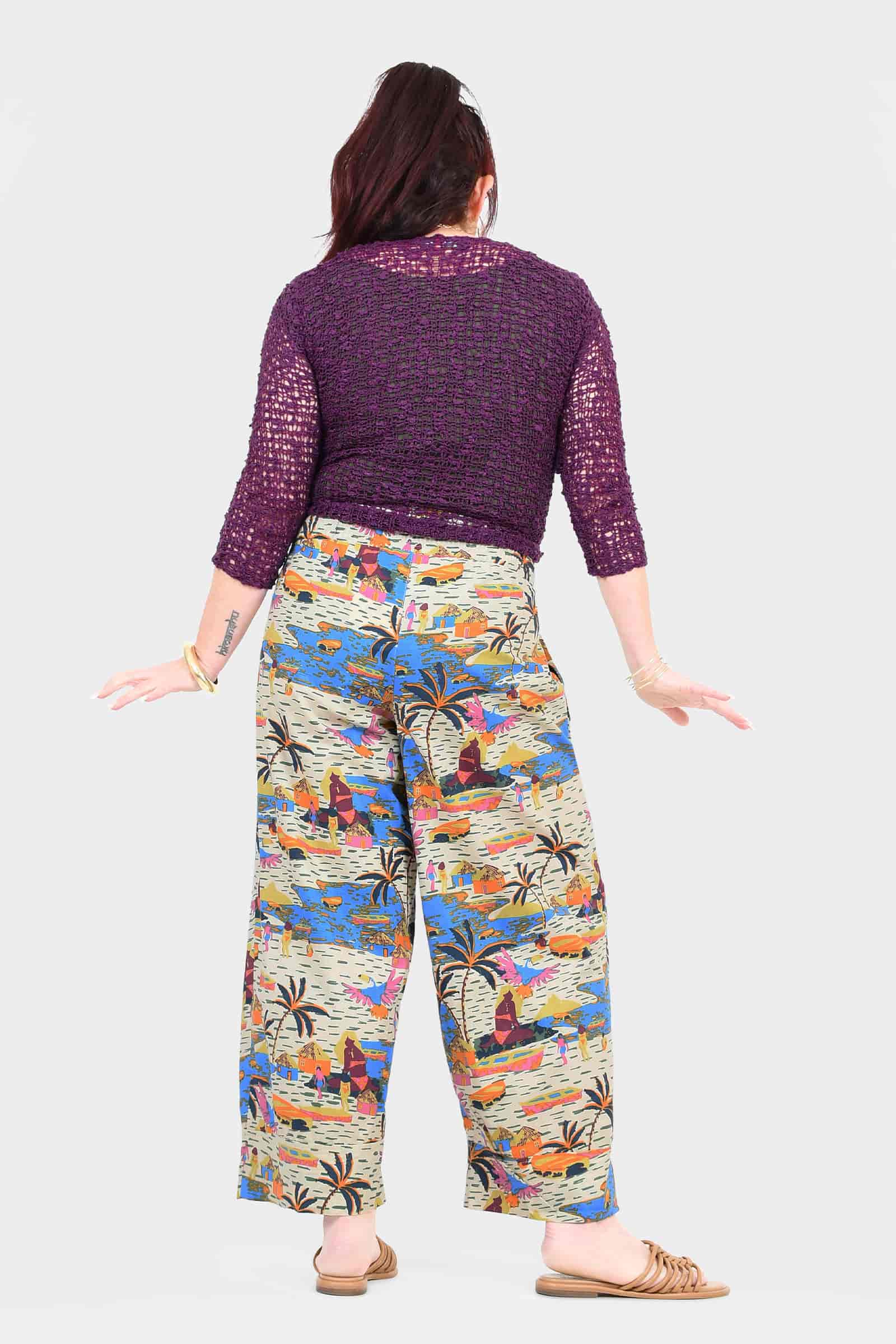 Oasis white tropical print wide-leg pants, back view, elastic waistband and tie
