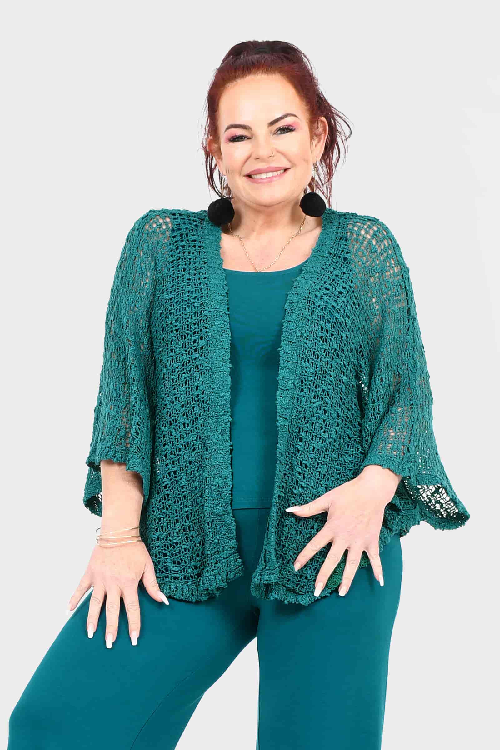 Forest teal popcorn-knit jacket, open front with fringed texture and 3/4 sleeves