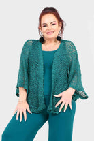 Forest teal popcorn-knit jacket, open front with fringed texture and 3/4 sleeves