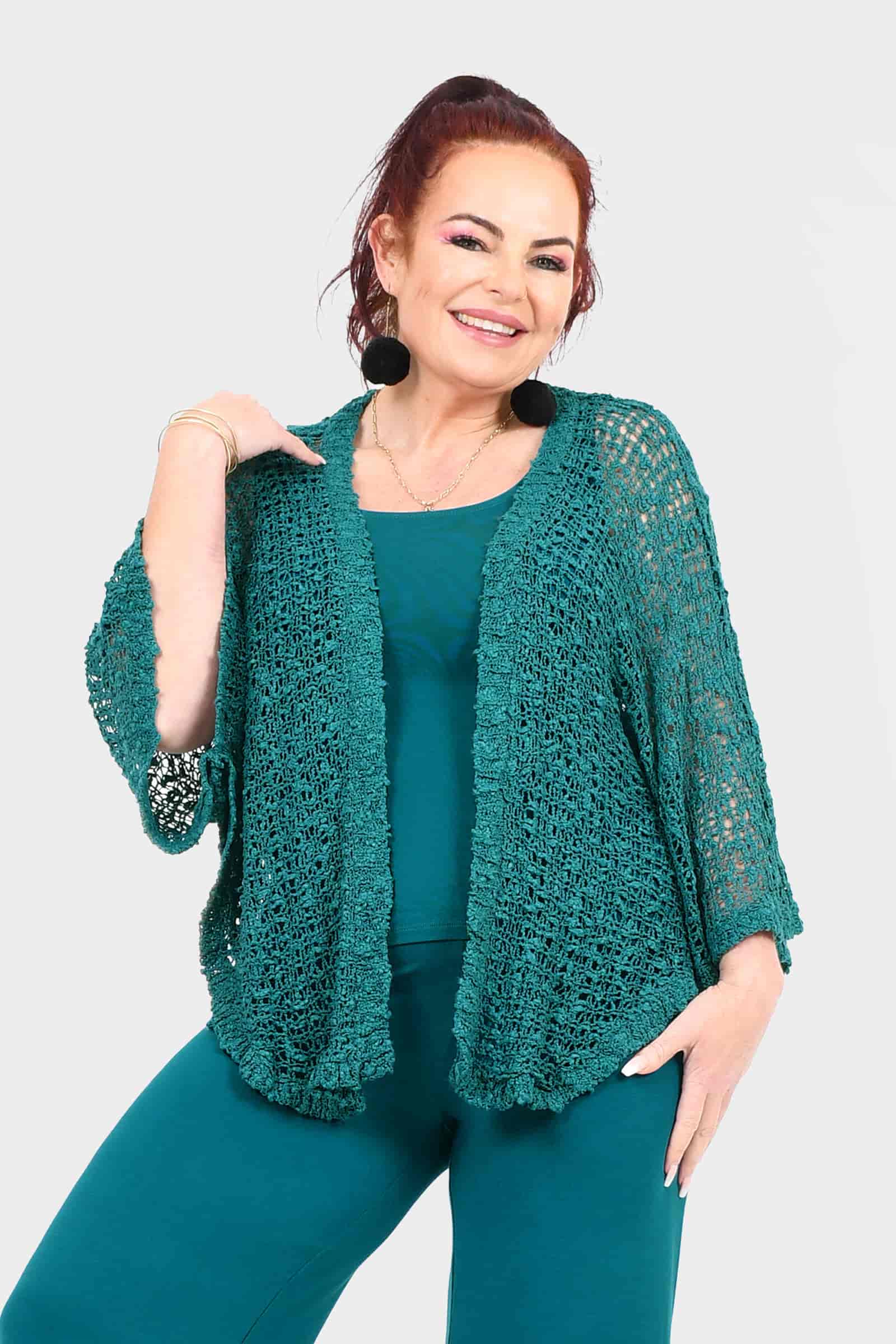 Teal textured popcorn-knit jacket with open front, scalloped hem and relaxed sleeves