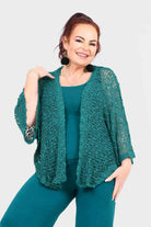 Teal textured popcorn-knit jacket with open front, scalloped hem and relaxed sleeves