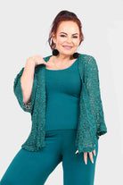 Teal open-front popcorn-knit jacket with textured body and flared 3/4 sleeves