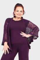 Aubergine textured knit popcorn jacket, open front with scalloped hem and fringe sleeves