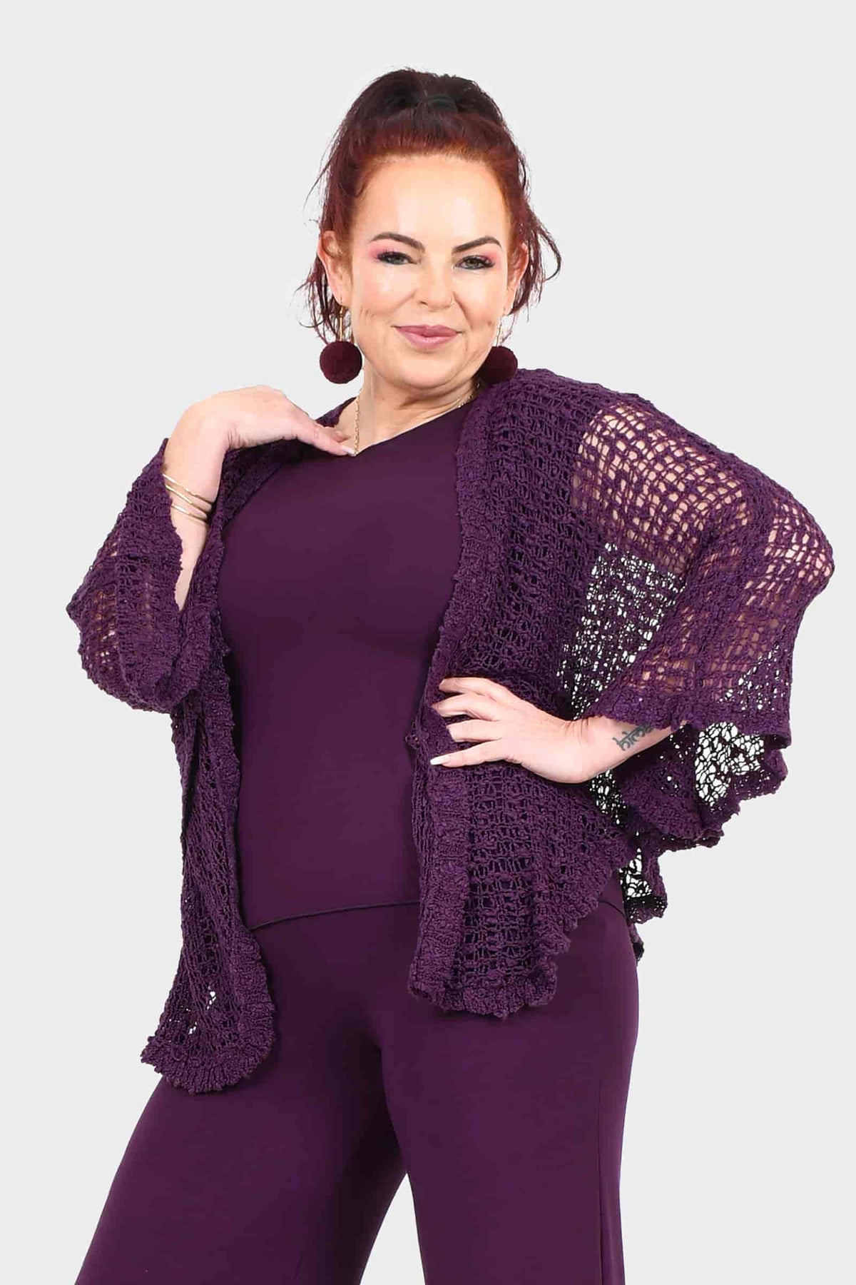 Aubergine popcorn knit jacket with open front and wide sleeves, textured mesh look