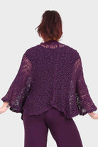 Aubergine textured knit popcorn jacket, open back with scalloped hem and flared sleeves