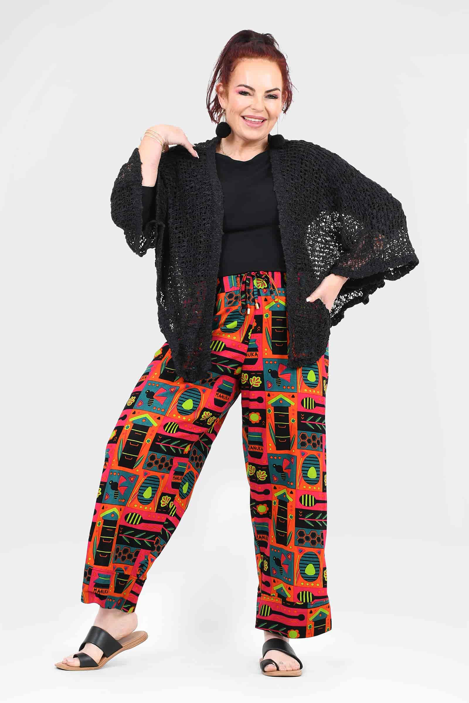 Colorful patterned wide-leg pants with elastic waist, multicolor block print