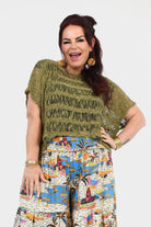 Olive popcorn-knit top with short sleeves and round neckline, relaxed fit