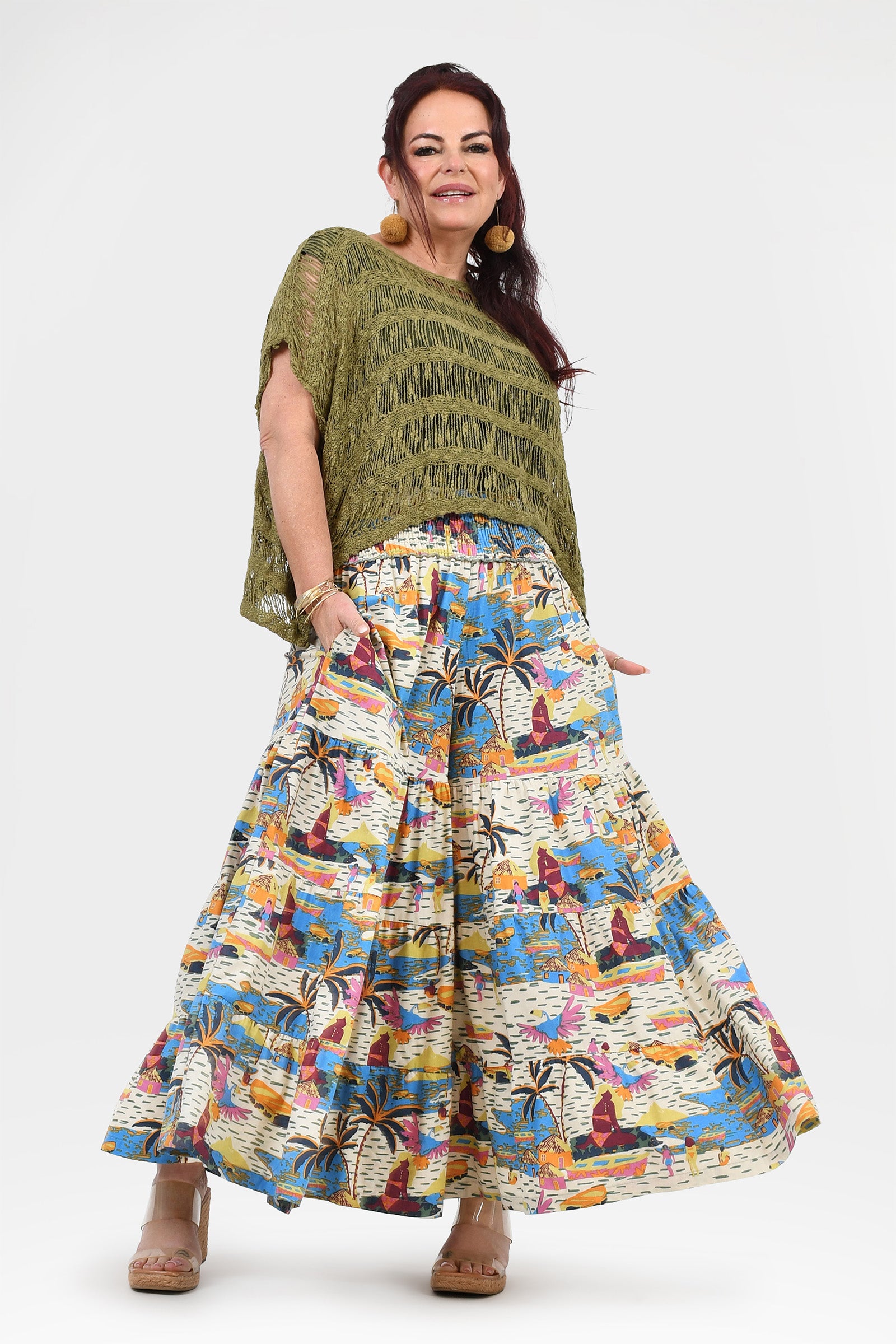 Wide-leg graphic pants, multicolor on white