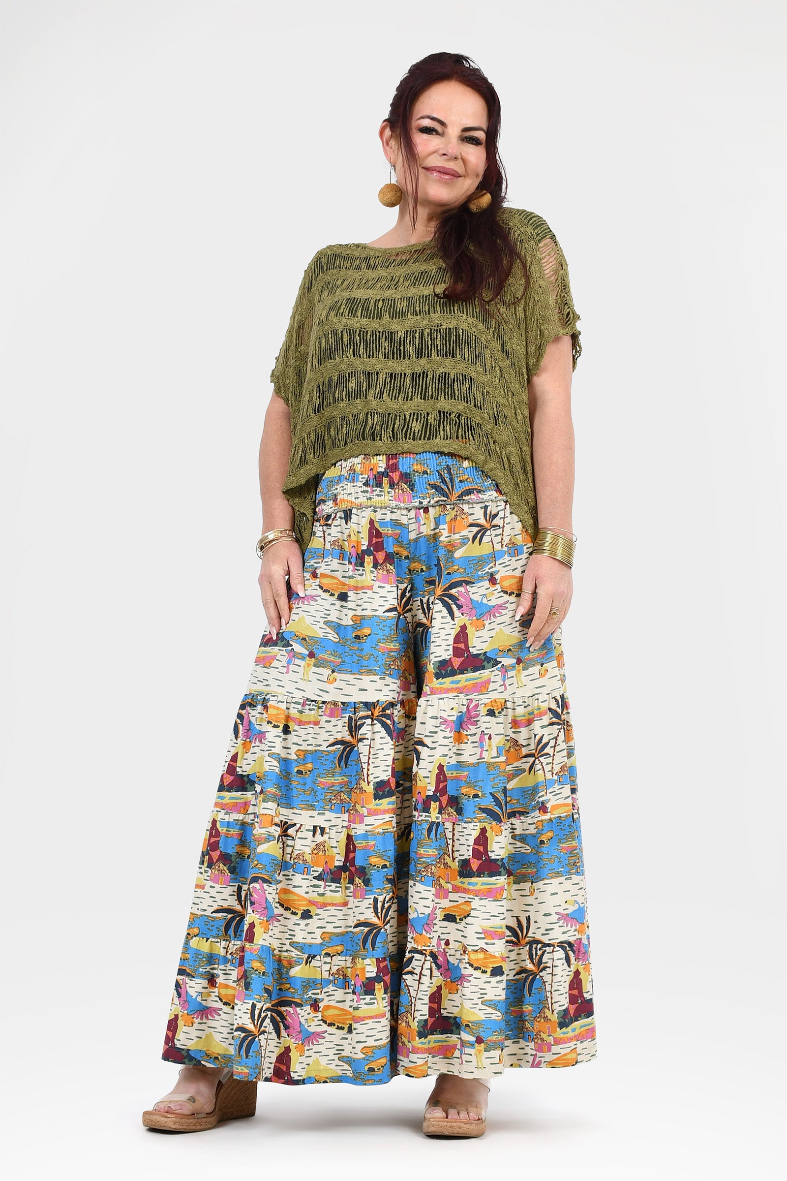 Wide-leg graphic pants, multicolor print on white with pleated legs