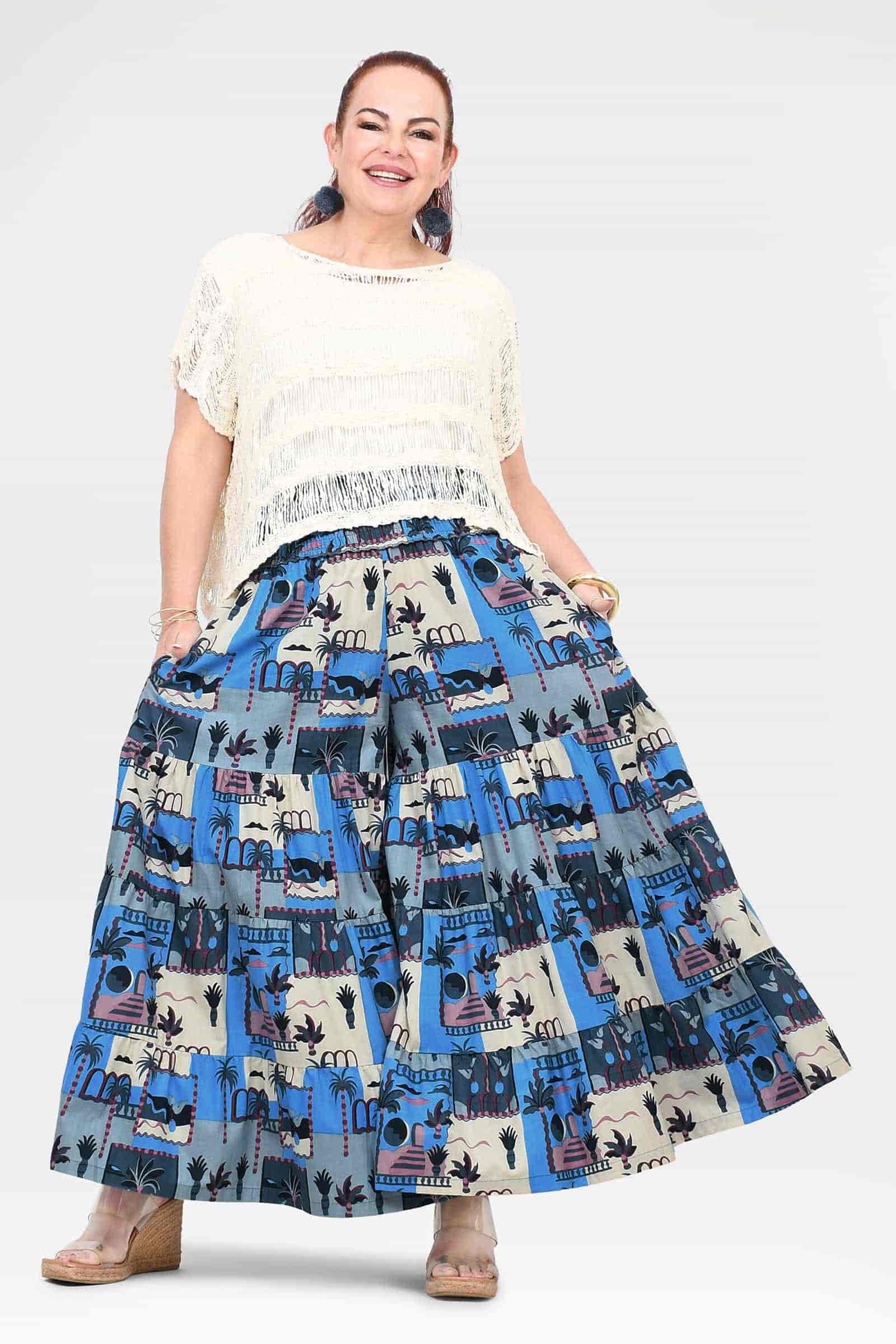 Blue and cream printed wide-leg pants with tiered gathered skirt-like hem
