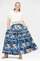 Blue and cream printed wide-leg pants with tiered gathered skirt-like hem