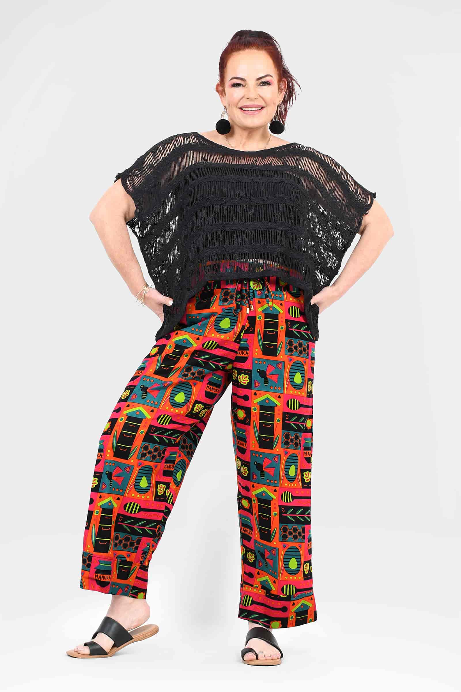Multicolor patterned wide-leg pants with elastic waist, colorful geometric print