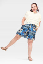 Blue tropical patchwork shorts with side pockets, above-knee length in block print