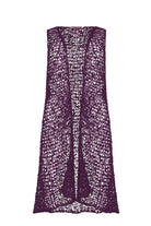 Purple popcorn-stitch vest with scoop neckline and open front hem