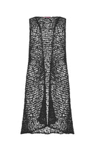 Black popcorn knit sleeveless vest with open front and long length