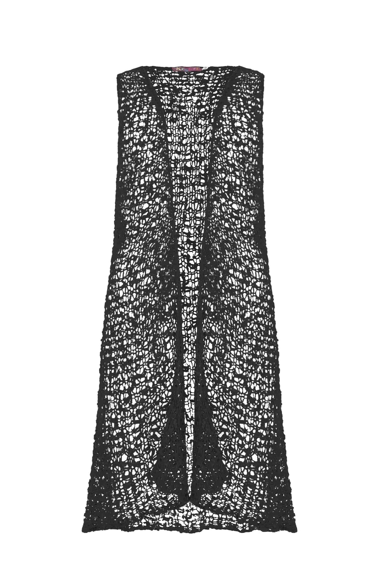 Black popcorn knit sleeveless vest with open front and long length