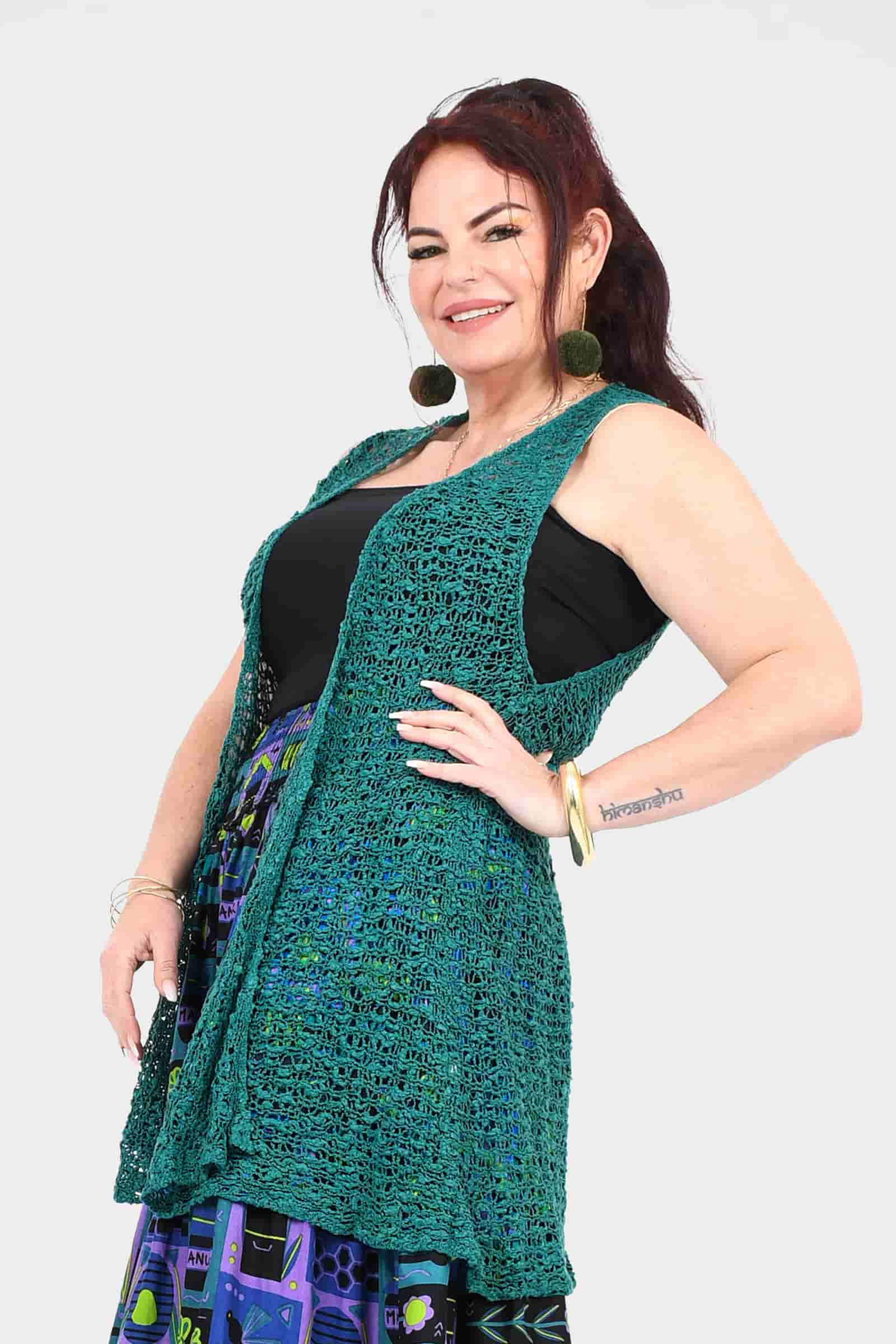 Forest green popcorn-knit sleeveless vest with open front, side profile
