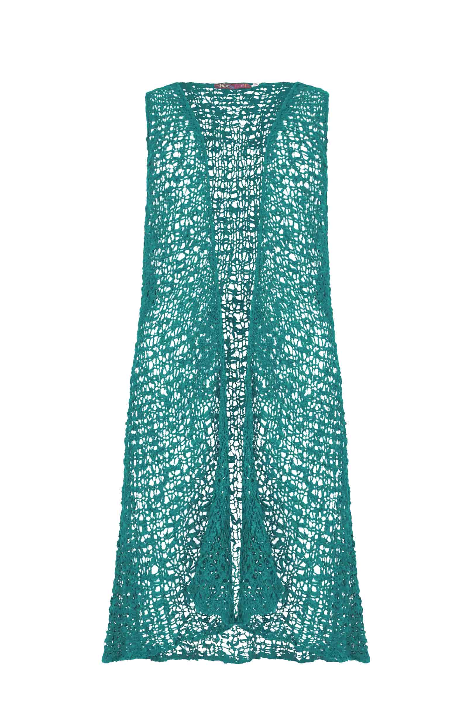 Forest green sleeveless popcorn vest with open front textured knit