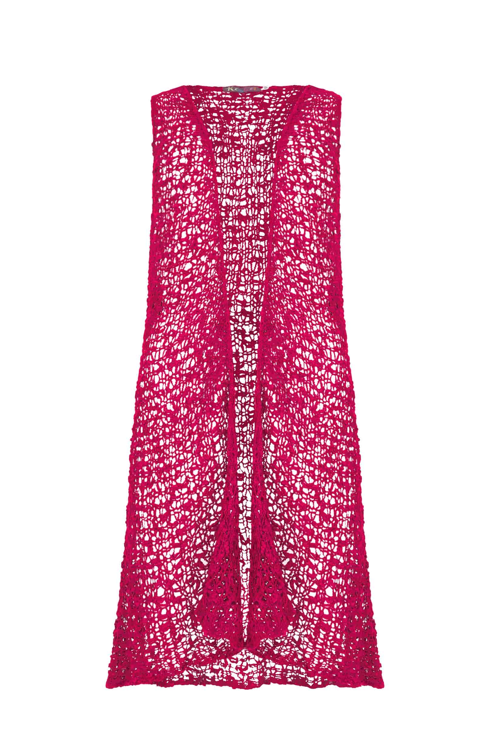 Fuchsia sequin popcorn knit vest, sleeveless with open front and long length
