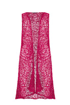 Fuchsia sequin popcorn knit vest, sleeveless with open front and long length