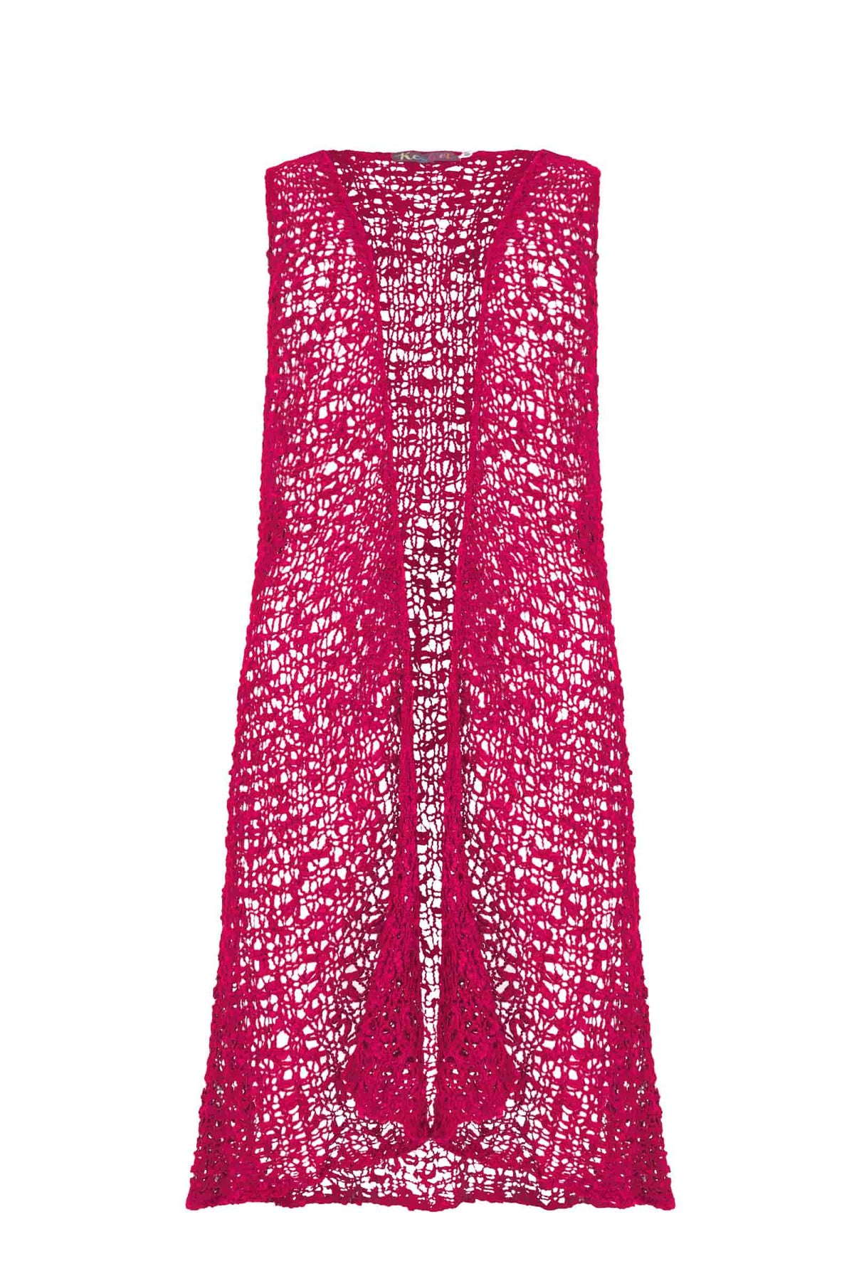 Fuchsia sequin popcorn knit vest, sleeveless with open front and long length
