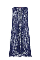 Midnight blue popcorn knit vest with open front and sleeveless long silhouette