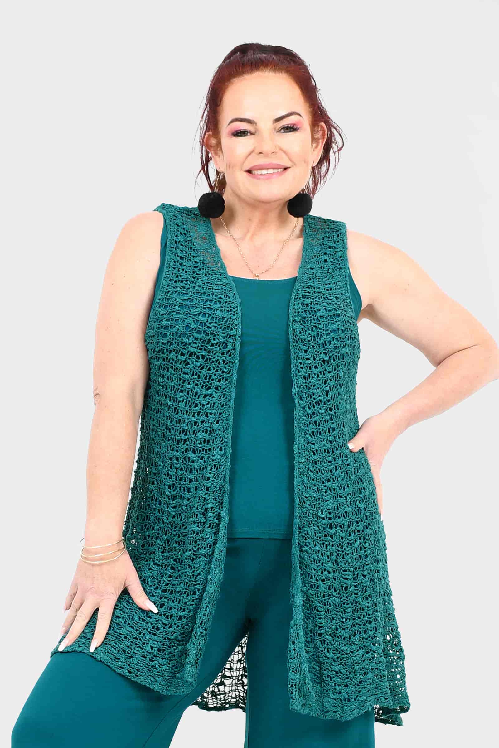 Forest green popcorn-knit sleeveless vest with open front and draped hem