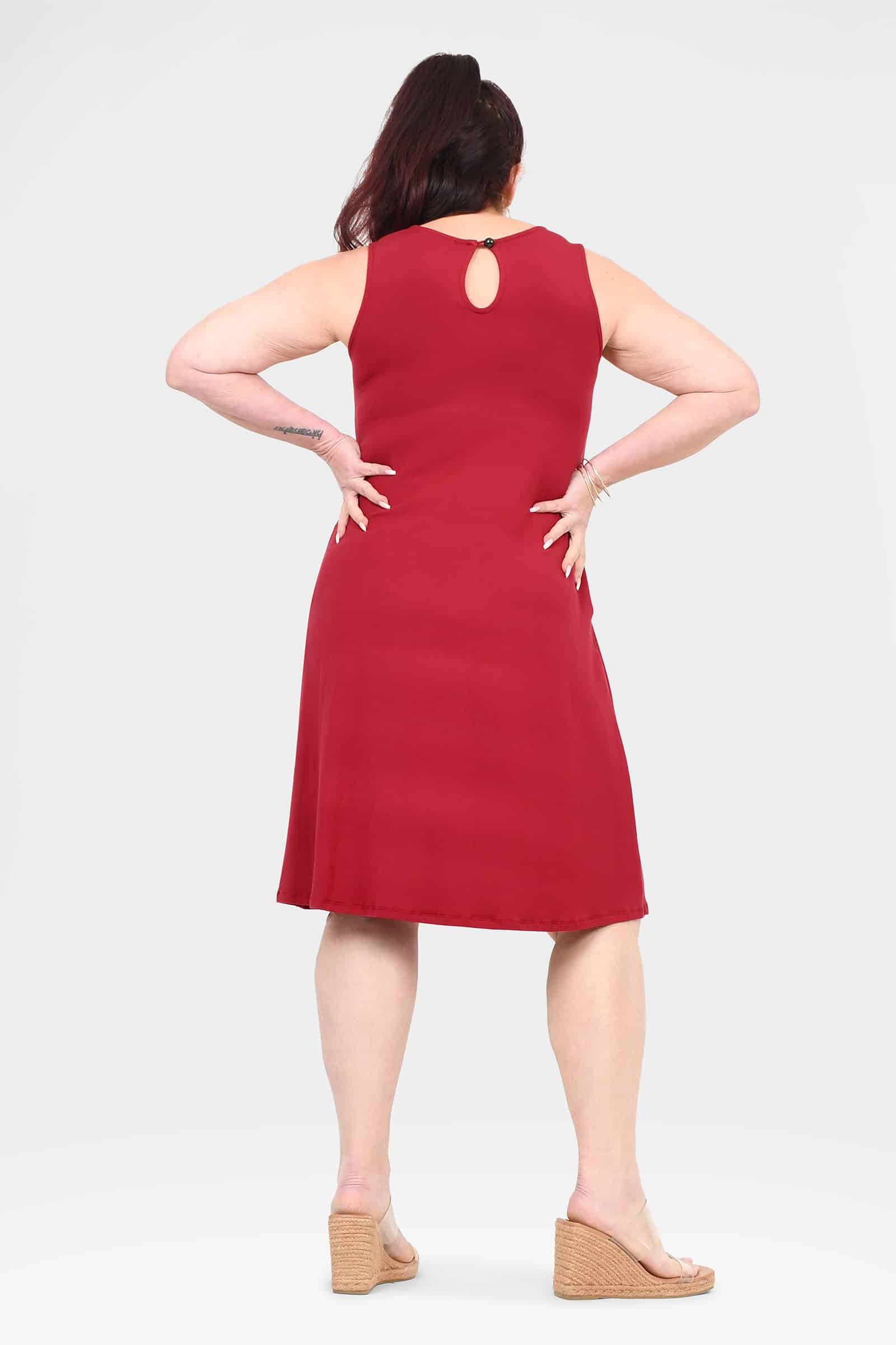 Jovie dress dark red sleeveless with oval keyhole cutout at round back