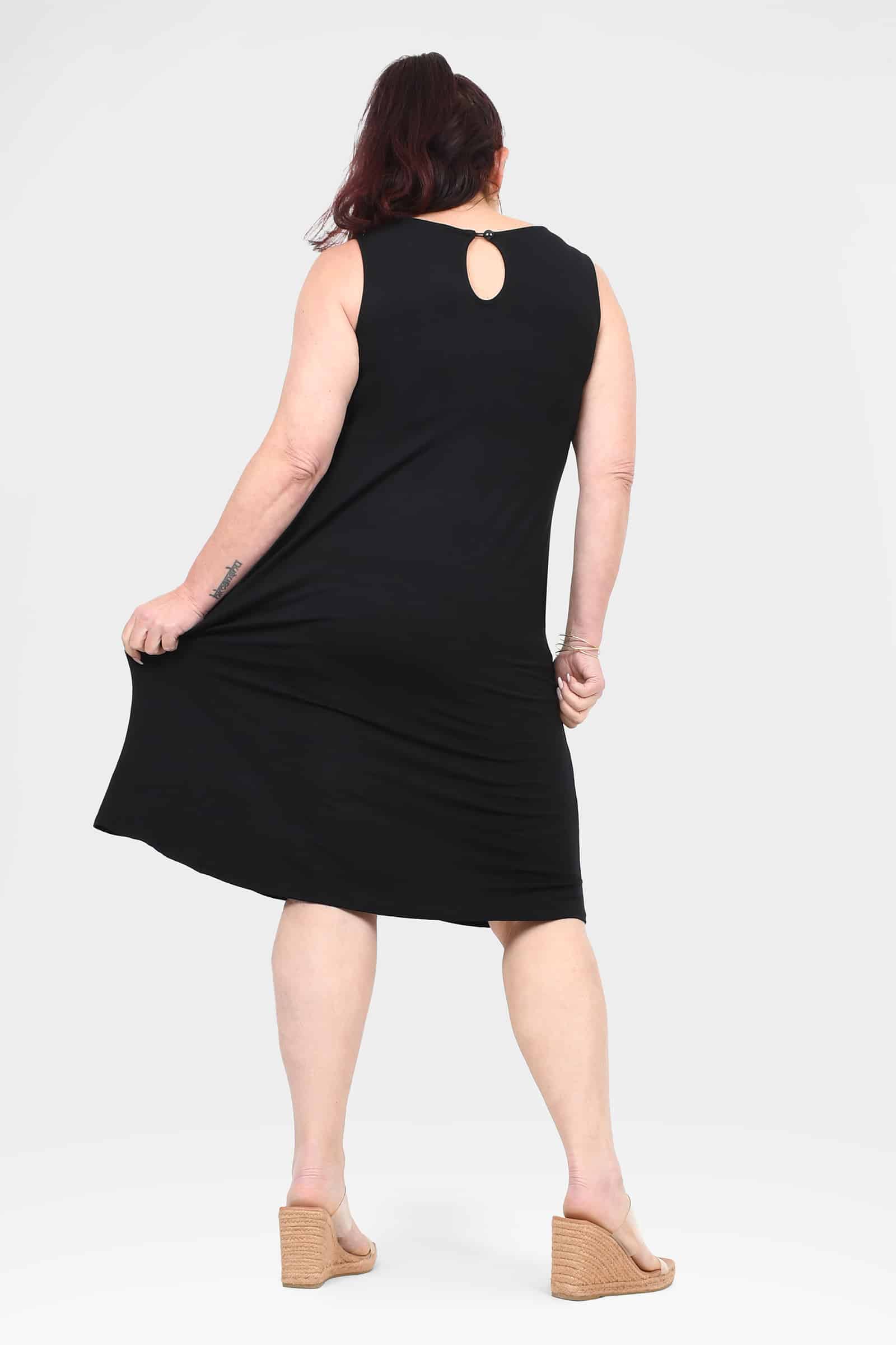 Black sleeveless dress with round neckline and keyhole cutout at back