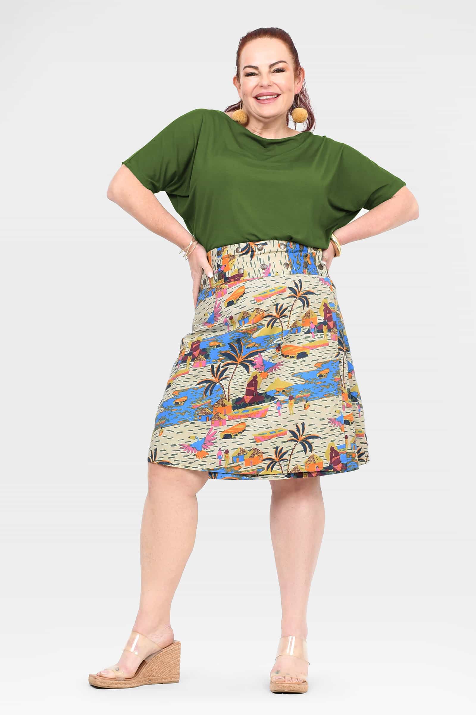 Reversible A-line skirt with cream jungle print and colorful animals, visible hem