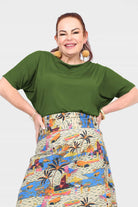 Olive green short-sleeve top with draped cowl neckline, loose fit