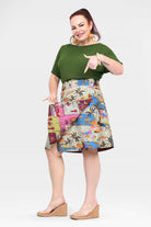 Reversible A-line skirt with cream tropical print and bold colors across skirt