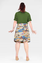 Reversible A-line skirt, back view, cream tropical print with bright multicolor designs